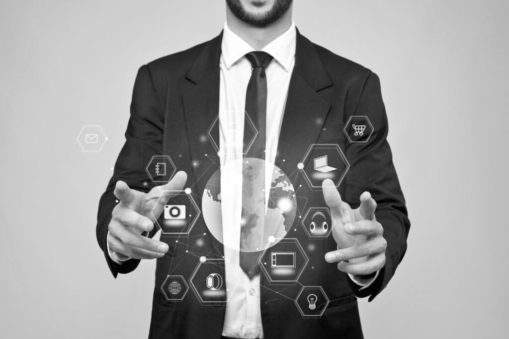 businessman holding virtual d projection in arms